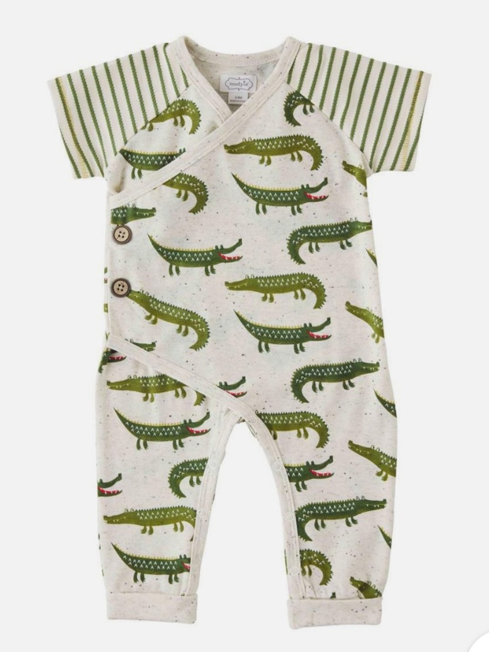 Mud Pie Cream and Green Crocodile Print Short Sleeve One-Piece